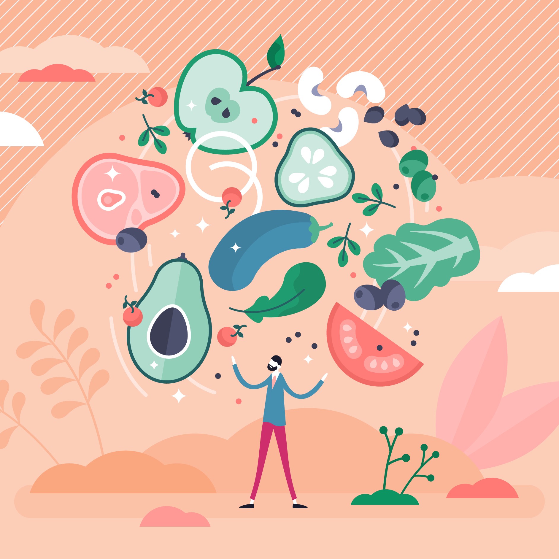 what is functional and integrative psychiatry; person standing under an assortment of fruits and vegetables, whole foods
