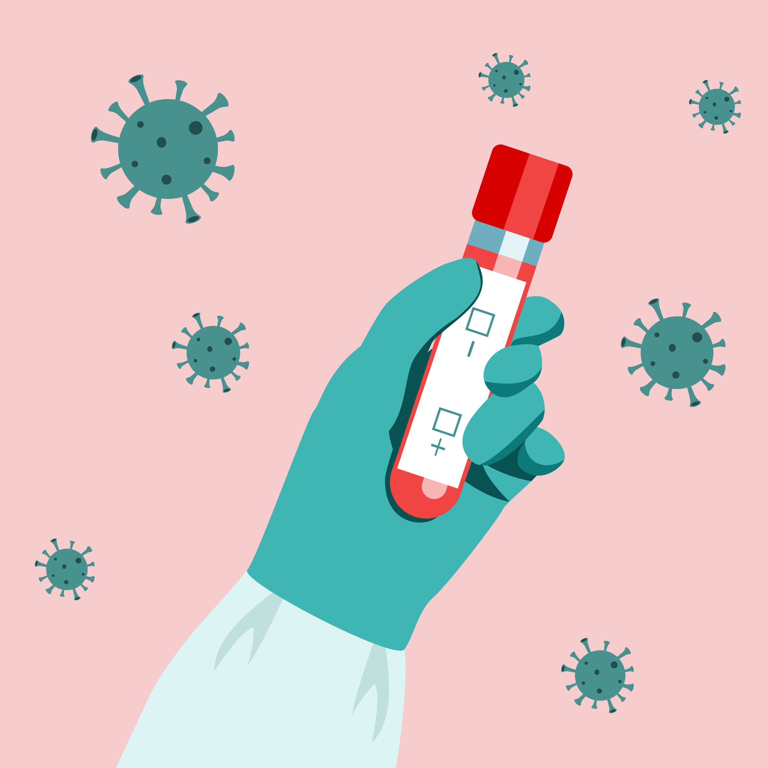 Conventional laboratory testing with a broad scope; scientist gloved hand holds a test tube vial with blood