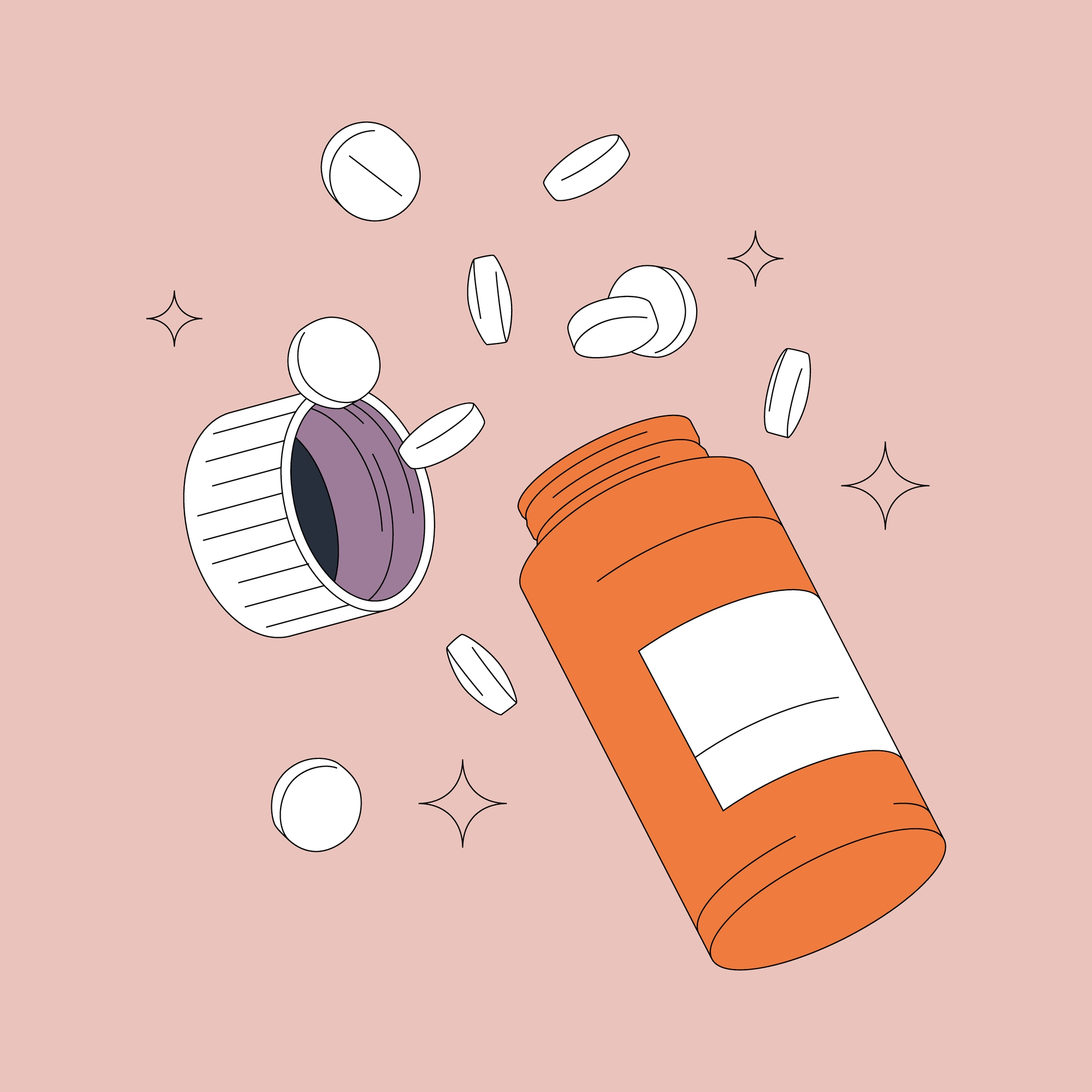 medication management and psychopharmacology: pill bottle opened with pills floating out
